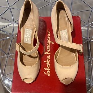 Salvatore Ferragamo Beige Peep-Toe Mary Jane Heels